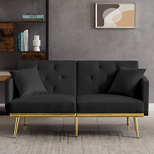 JEEOHEY Futon Sofa Bed with Pillows, Small Loveseat for Living Room, Black