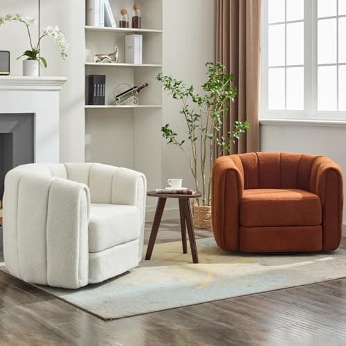 Swivel Accent Chair for Living Room: Teddy Fabric Barrel Armchair (Beige)