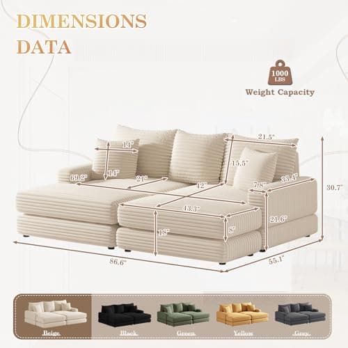 Oversized Chaise Lounge Chair Indoor with Ottomans for Living Room, Bedroom, Office