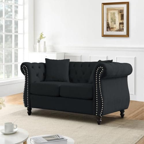 Velvet Chesterfield Sofa with Nailhead Trim, 2 Seater Loveseat for Living Room, Bedroom, Office