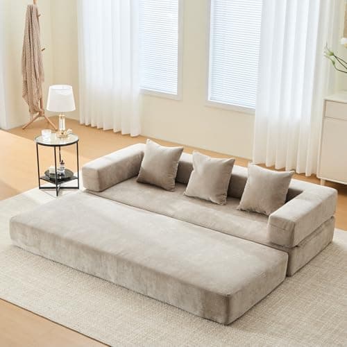 Beige Cylindrical Pillow Convertible Sleeper Sofa Bed