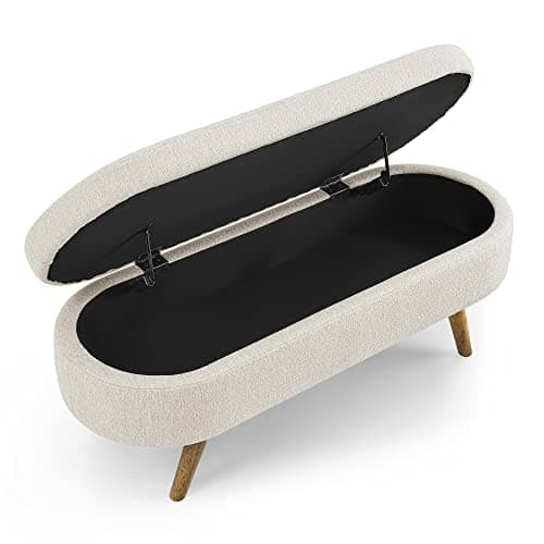 Storage Ottoman Bench End of Bed, 43 Oval Linen Fabric Bench for Living Room, Bedroom, Entryway