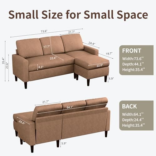 Shintenchi Brown 3 Seat L-Shaped Convertible Sofa with Ottoman, Linen Fabric