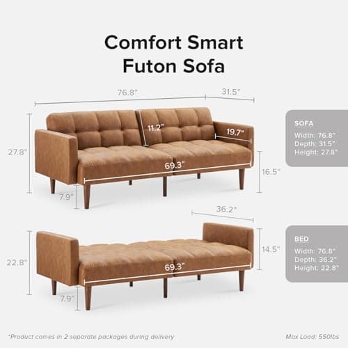 Mid Century Modern Futon Couch for Living Room and Bedroom - Pecan Brown, Faux Leather