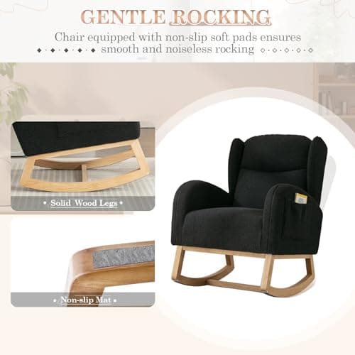 Rocking Chair for Nursery: Teddy Upholstered Glider with Side Pockets and High Backrest in Black