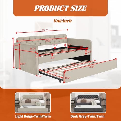 Twin Size Velvet Daybed with Trundle & USB Port - Light Beige
