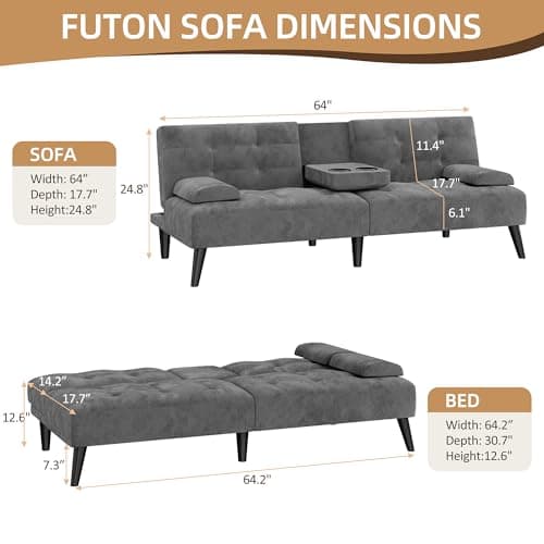 Shintenchi Dark Gray Velvet Reclining Sofa Bed with Foldable Arms