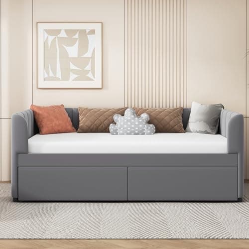 Velvet Daybed with Storage Drawers and Striped Headboard Design