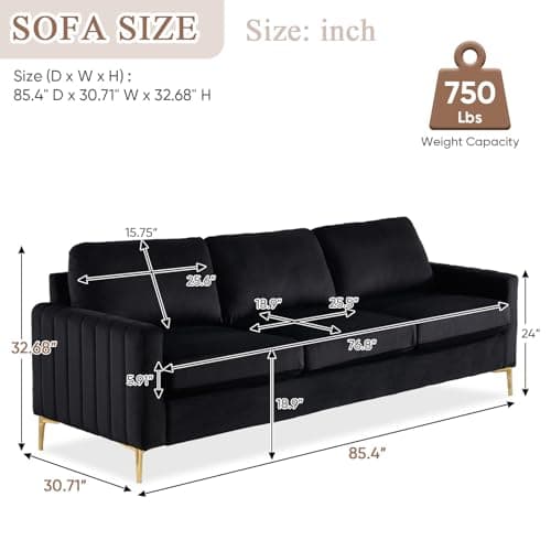 JEEOHEY Velvet Sofa Couch,85 Comfy 3 Seater Sofa with Metal Legs - Black