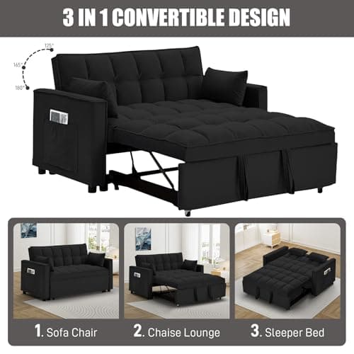 3-in-1 Velvet Convertible Sleeper Sofa Bed, Dark Black-adjustable Backrest
