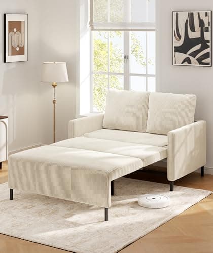 Corduroy Convertible Sofa Bed, 47" Loveseat with Fluffy Pillows, Grey
