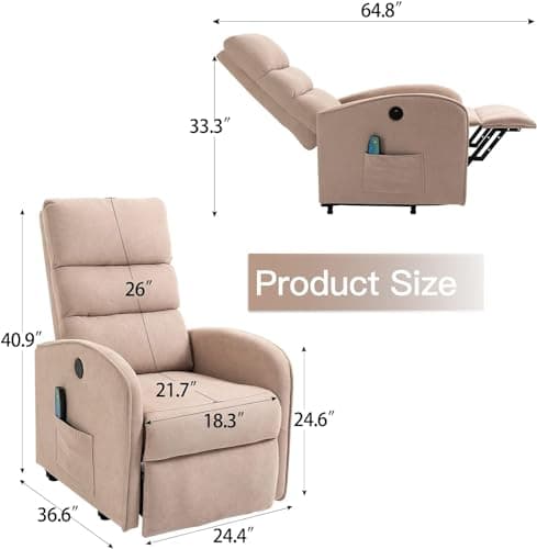 AVAWING Electric Recliner with Heat & Massage for Seniors, Khaki Fabric Side Pocket & USB Port