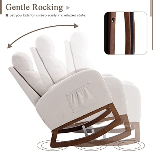 Modern Nursery Rocking Chair with Solid Wood Legs and Side Pockets