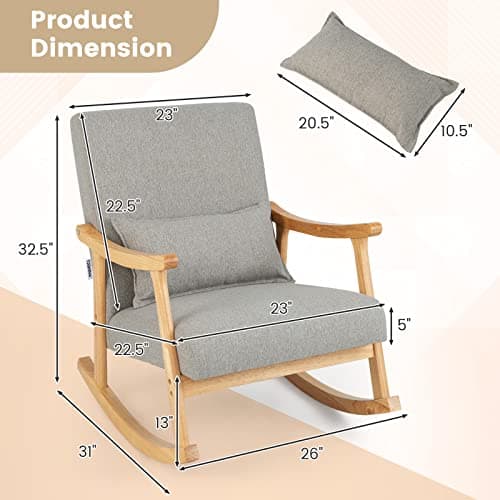 Giantex Modern Rocking Chair - Rubber Wood Frame, Comfy Seat & Backrest, Grey