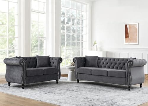 Mid Century Modern Chesterfield Sofa Set, Velvet Couch with Tufted Buttons & Nailhead Trim