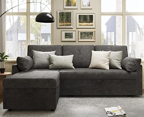 VanAcc 2-in-1 Sleeper Sofa Bed with Storage Chaise - Grey Linen Couch for Living Room