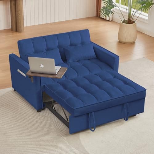 JEEOHEY 3-in-1 Reclining Sleeper Sofa Bed, Velvet & Chaise Lounge (Blue)
