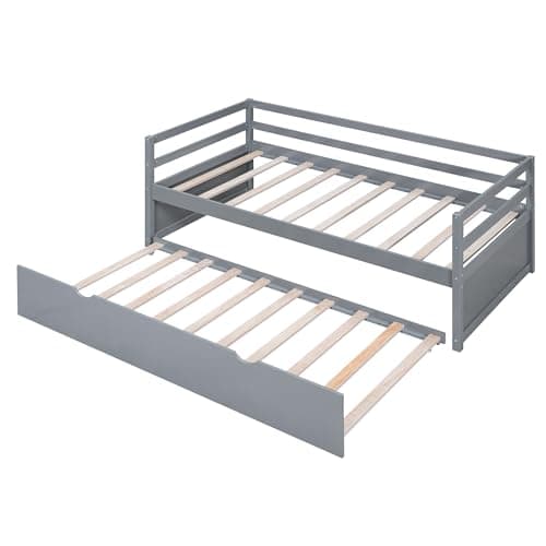 Merax Grey Twin Daybed with Trundle, Solid Wood Captains Bed Sofa Frame