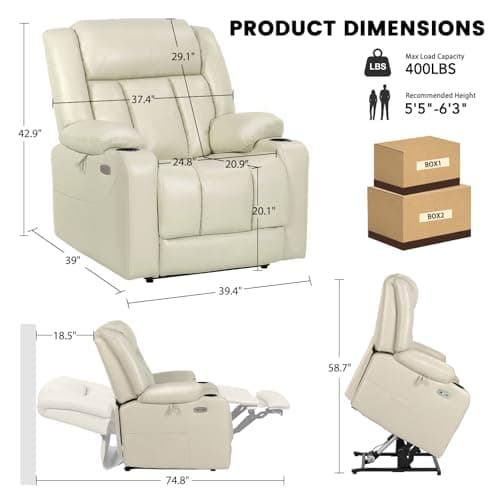 Heavy Duty Dual Motor Oversized Power Lift Recliner Chair for Elderly, Cream White
| 400lbs Capacity Leather Recliner with Massage and Heat for Elderly, Cream White
| Big and Tall Lay Flat Lift Chair with Cup Holders, Dual Motor Power Recliner for E