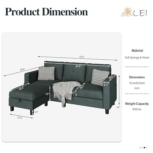 SUNLEI Movable Ottoman Storage L-Shaped Couch, Dark Grey Linen, Living Room Fit Small Spaces