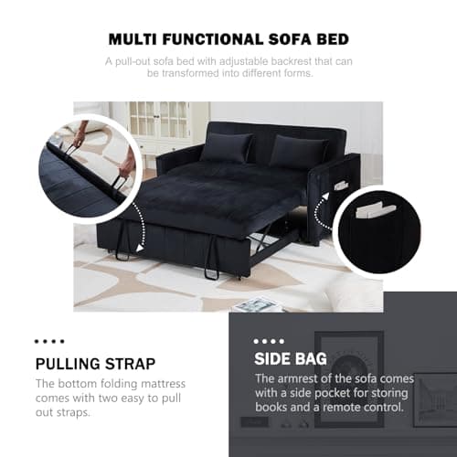 Black 55.51" 3-in-1 Futon Sofa Bed with Pullout Bed & Adjustable Backrest