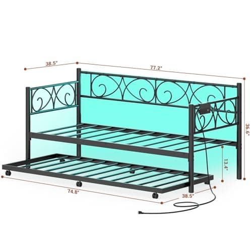 Unikito Black Metal Daybed with Pop-Up Trundle, Charging Station, and LED Lights