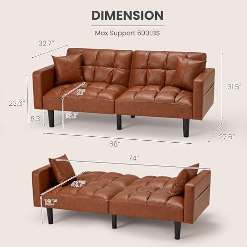 ECOTOUGE Convertible Futon Couch, Brown with Adjustable Backrest