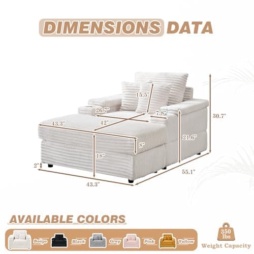 Beige Corduroy Chaise Lounge with Ottoman & Cup Holder