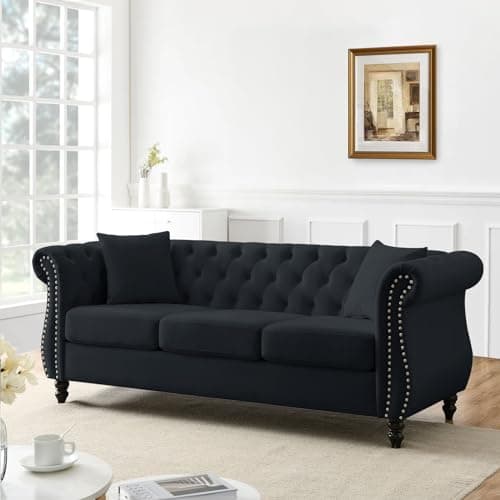 Mid Century Modern Velvet L-Shaped Sofa Couch - Black