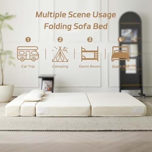 Beige Linen Foldable Mattress 3-in-1 Sofa Bed, Queen, Pillow Included