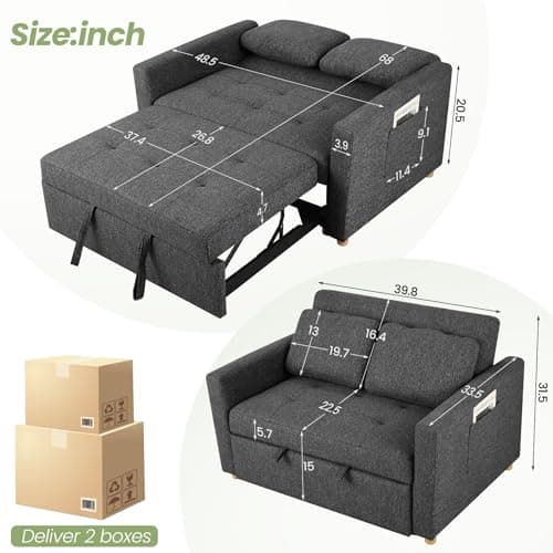 SEJOV 3-in-1 Convertible Sleeper Sofa, Linen Fabric with Adjustable Backrest, Black