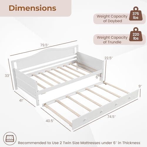 Giantex White Twin Daybed with Trundle & Slats Support
