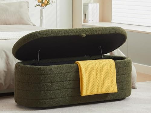 White Sherpa Padded Ottoman Bench with Storage for Living Room and Bedroom