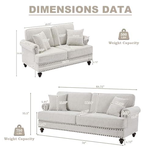 Comfy Sofa Couch Set: 2-Piece Living Room Furniture Set with Loveseat and 3-Seater Sofa (White)