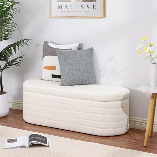Oval White Sherpa Upholstered Storage Bench for Living Room Bed Entryway