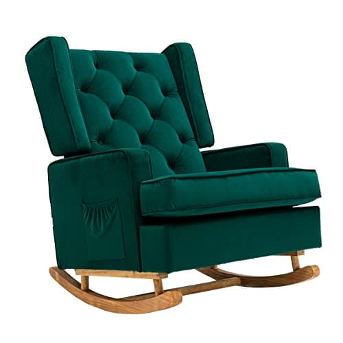 Beige Upholstered Mid Century Modern Dolonm Rocking Chair with Solid Wood Base