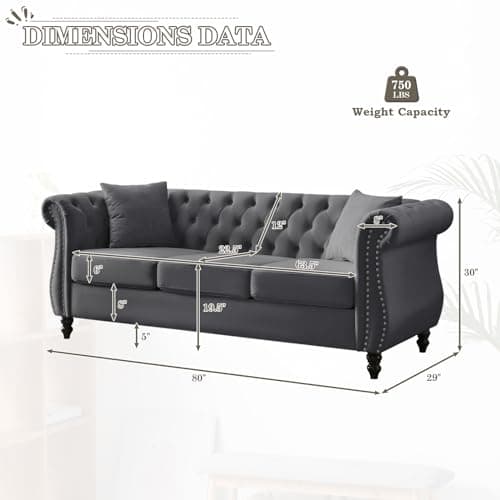 Chesterfield Sofa Set, 2 Pieces Velvet Couch with Nailhead Trim and Rolled Arms