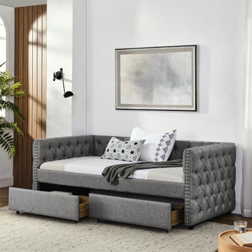 Twin Size Nailhead Trim Button Tufted Daybed with Storage Drawers, Grey