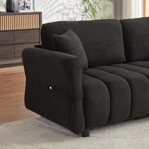 Black 3-Seater Mid Century Chenille Couch with Tufted Design & 3 Pillows