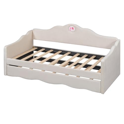 Beige Ball & Cast Upholstered Twin Daybed with Trundle & Wave Back