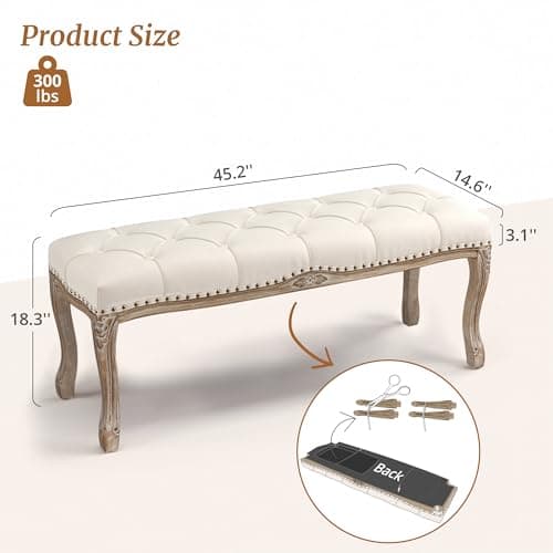 French Vintage Tufted Bench, Beige Distressed Wood Legs, Living Room, Foyer, Dining Room