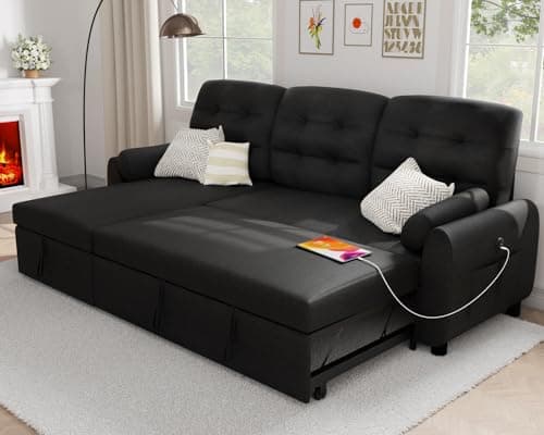 Ucloveria 87" Sleeper Sectional with Reversible Chaise & Storage, Black Linen Couch