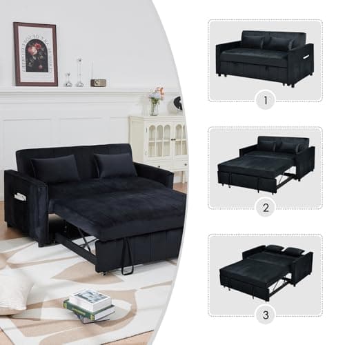 Black 55.51" 3-in-1 Futon Sofa Bed with Pullout Bed & Adjustable Backrest