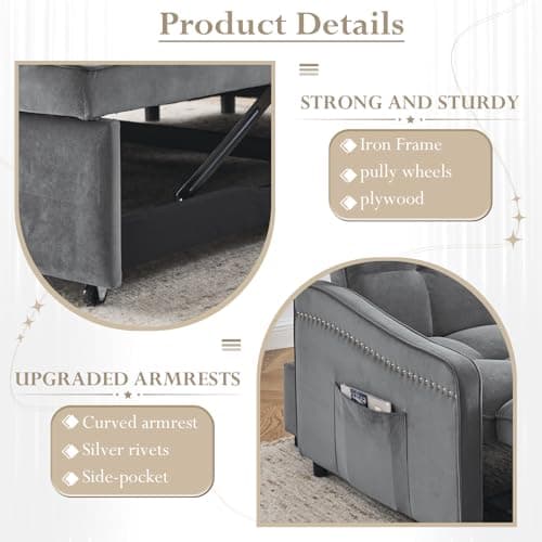 Modern Velvet Sleeper Sofa Couch with USB Port, Pull Out Bed, Curved Armrest - Grey