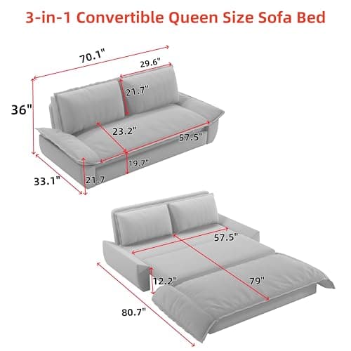 Modern Queen 3-in-1 Convertible Sleeper Couch Bed Velvet Daybed