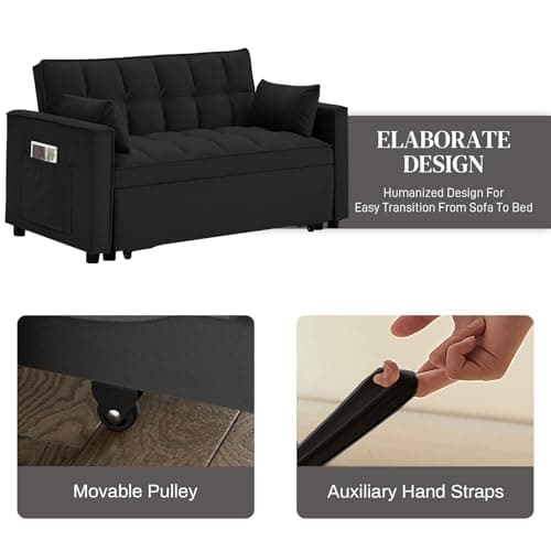 3-in-1 Velvet Convertible Sleeper Sofa Bed, Dark Black-adjustable Backrest