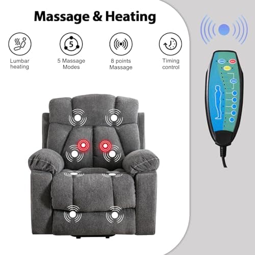 Phoenix Home Large Power Lift Recliner Chair for Elderly with Massage and Heat
Phoenix Home Large Overstuffed Recliner Chair with 2 Cup Holders and Side Pocket for Elderly
Phoenix Home Large Power Lift Recliner Chair with USB Port and Dark Gray Color