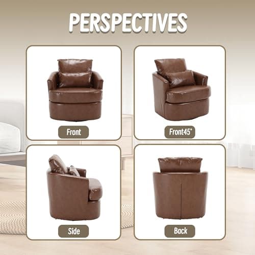 Brown PU Ergonomic Swivel Barrel Chair with Dual Pillow Support