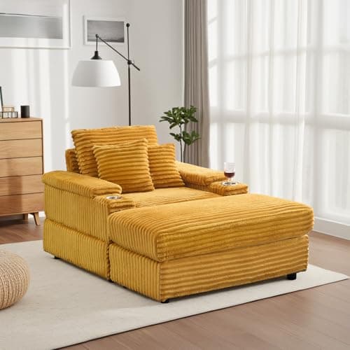 Beige Corduroy Chaise Lounge with Ottoman & Cup Holder