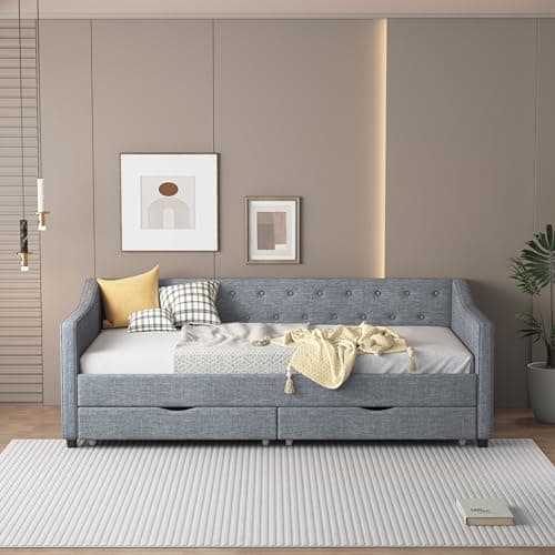 Twin Size Daybed with Storage - Upholstered Frame with Drawers & Button Tufted Backrest